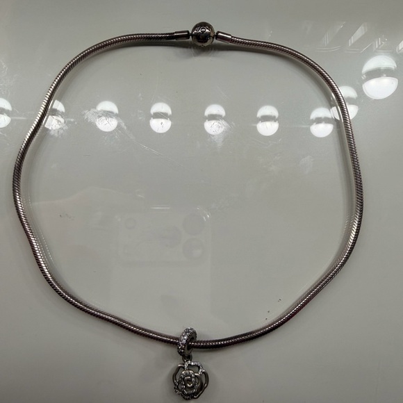 Pandora Silver Necklace with Floral Heart Pendant